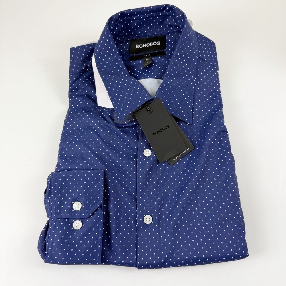 Bonobos Tech Button Down Mens Large Reg Slim Fit Blue Polka Dot Long Sleeve NWT